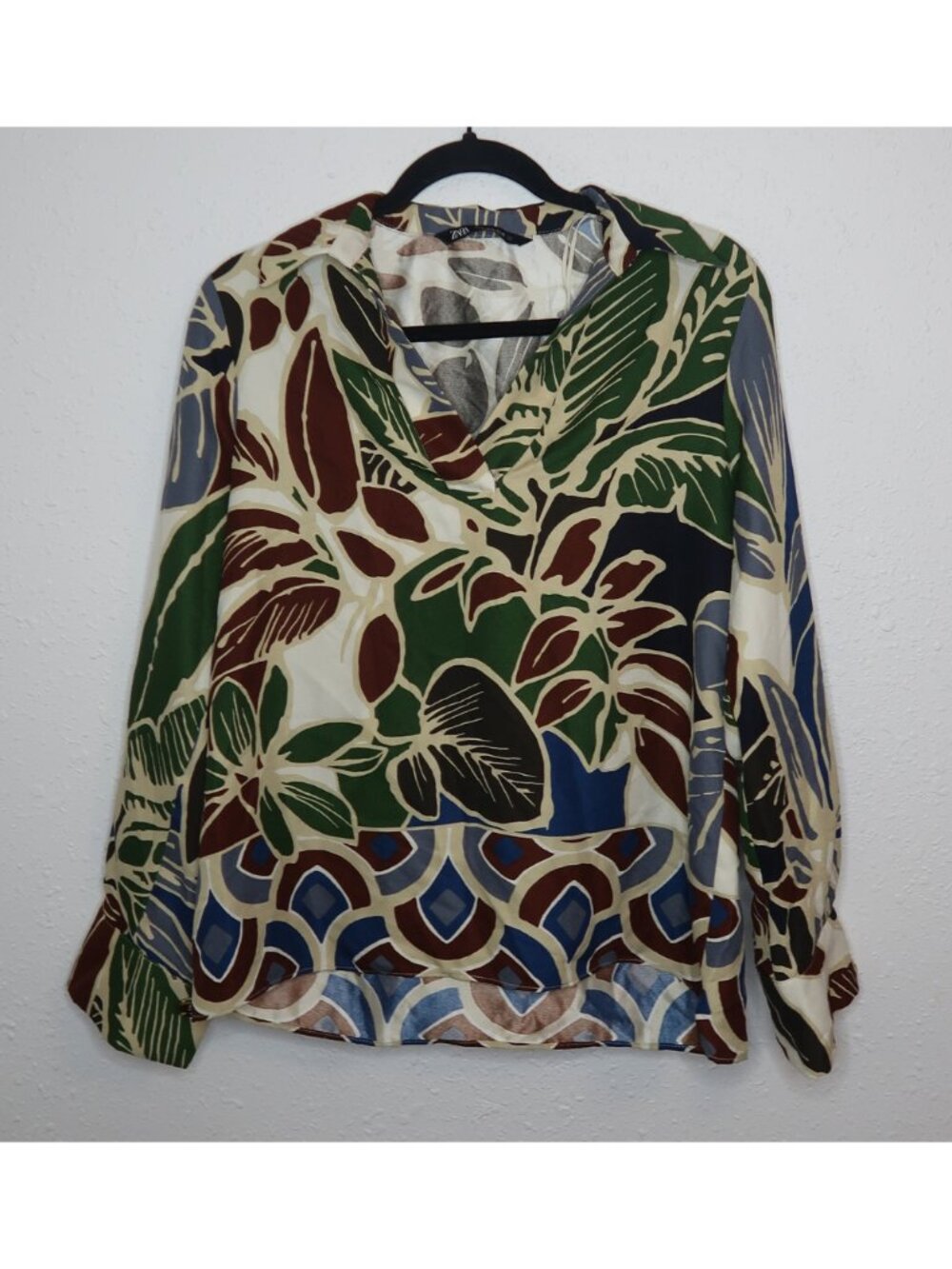 Zara Multi Color Abstract Tropical Print Flowy Longsleeve Blouse